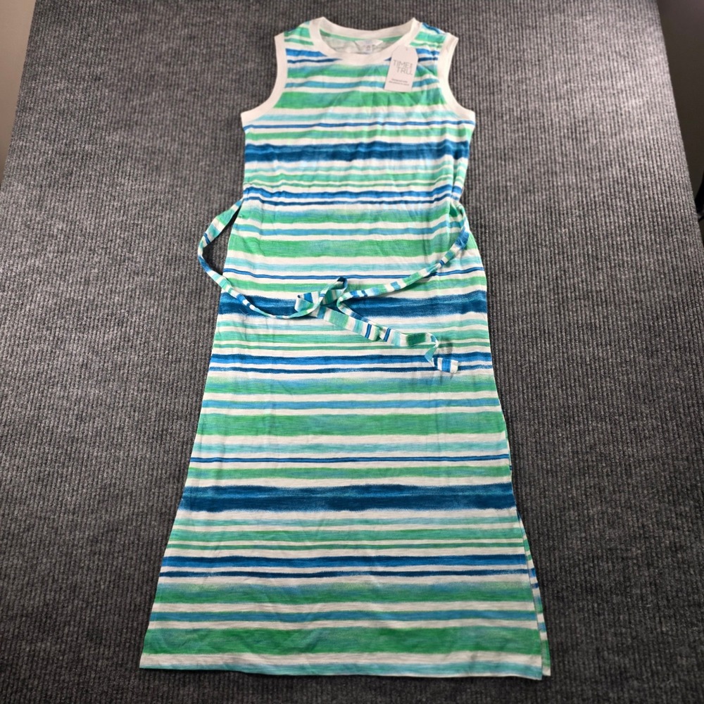 Time and Tru Womens Blue Green Striped Sleeveless Maxi Dress With Belt XS 0-2